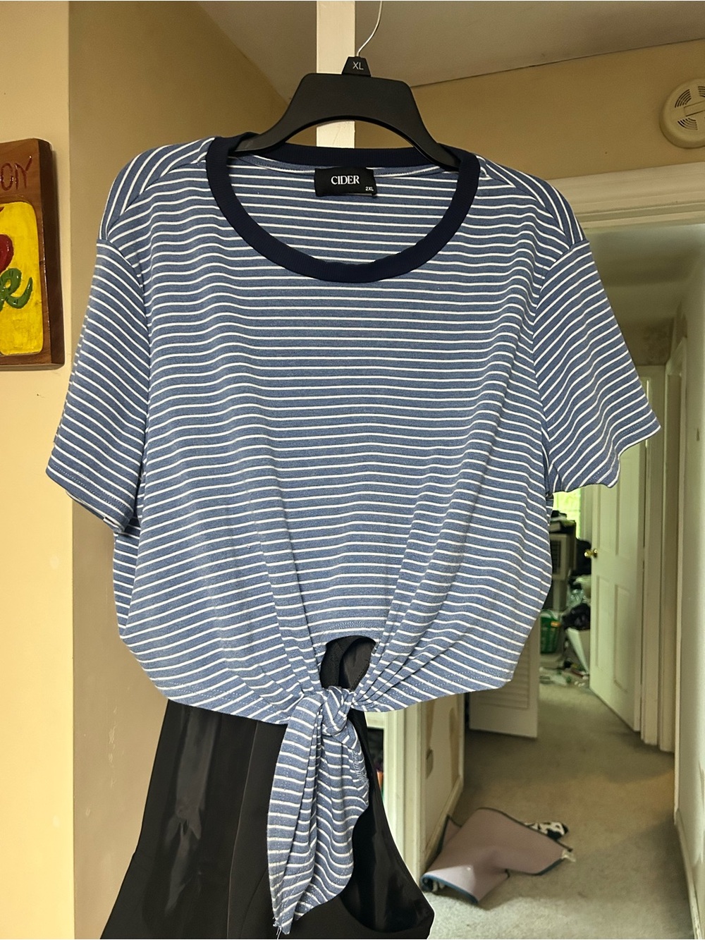 Cider Blue and White Striped Tie-Front Crop Top